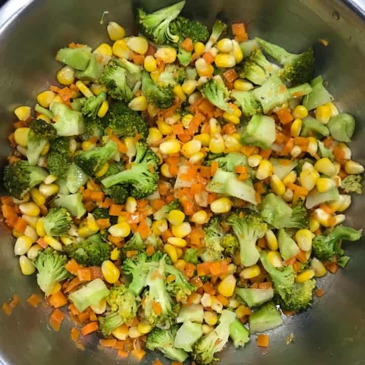 Mixed veggies in a mixing bowl