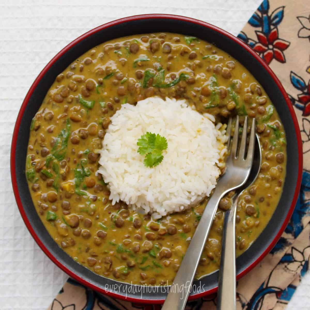 Creamy coconut lentil curry surrounding a scoop of rice, served in a bowl.