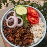 A person holding a bowl of rice and adzuki beans curry topped with salad veggies.