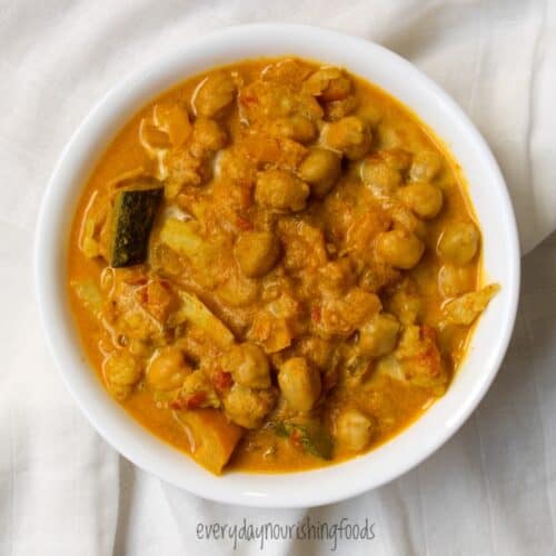 coconut chickpea vegetable curry in a bowl