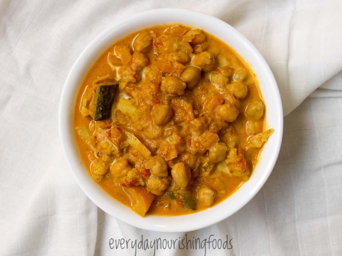 coconut vegetable curry with chcikpeas in a bowl