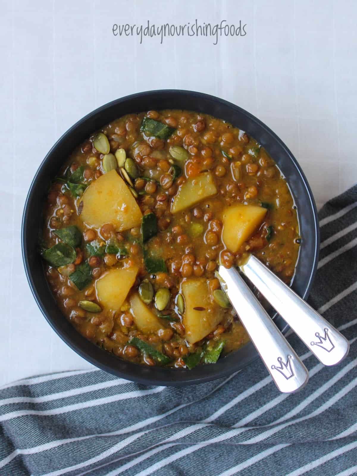 instant pot potato lentil soup in a bowl