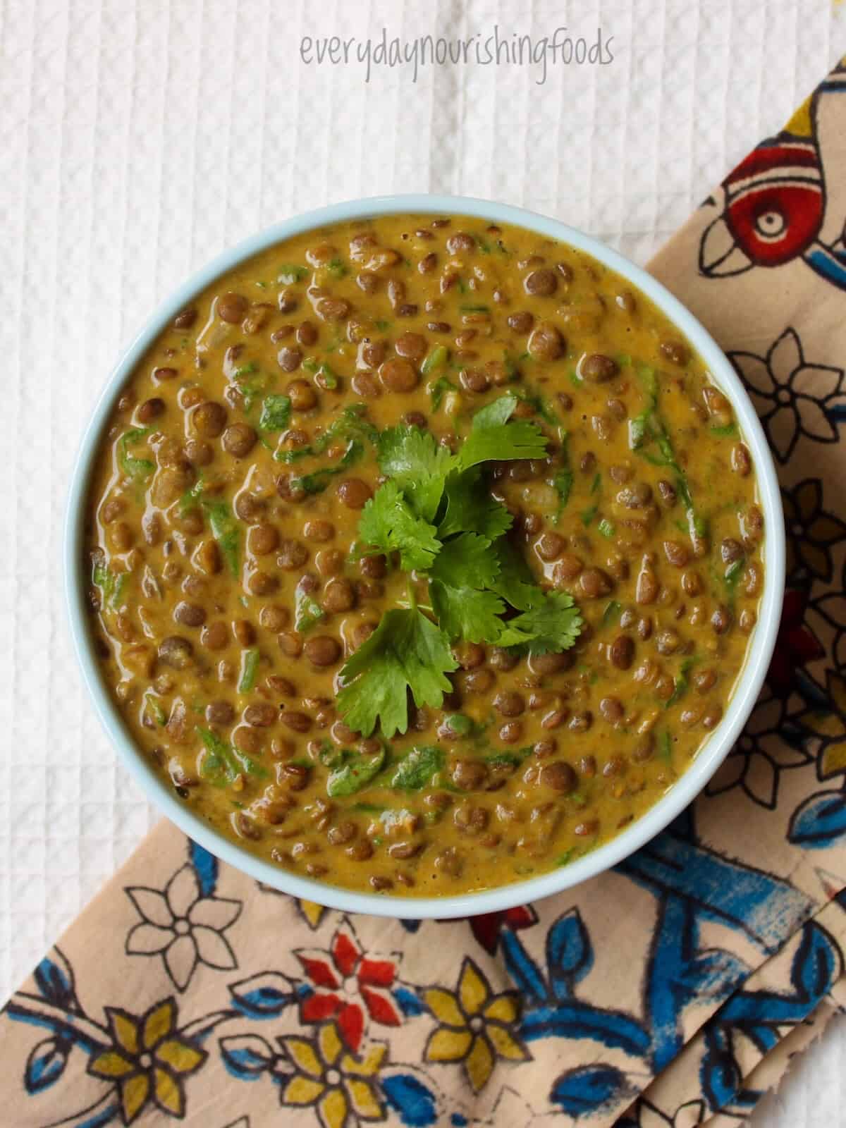 instant pot lentil curry with rice in a bowl