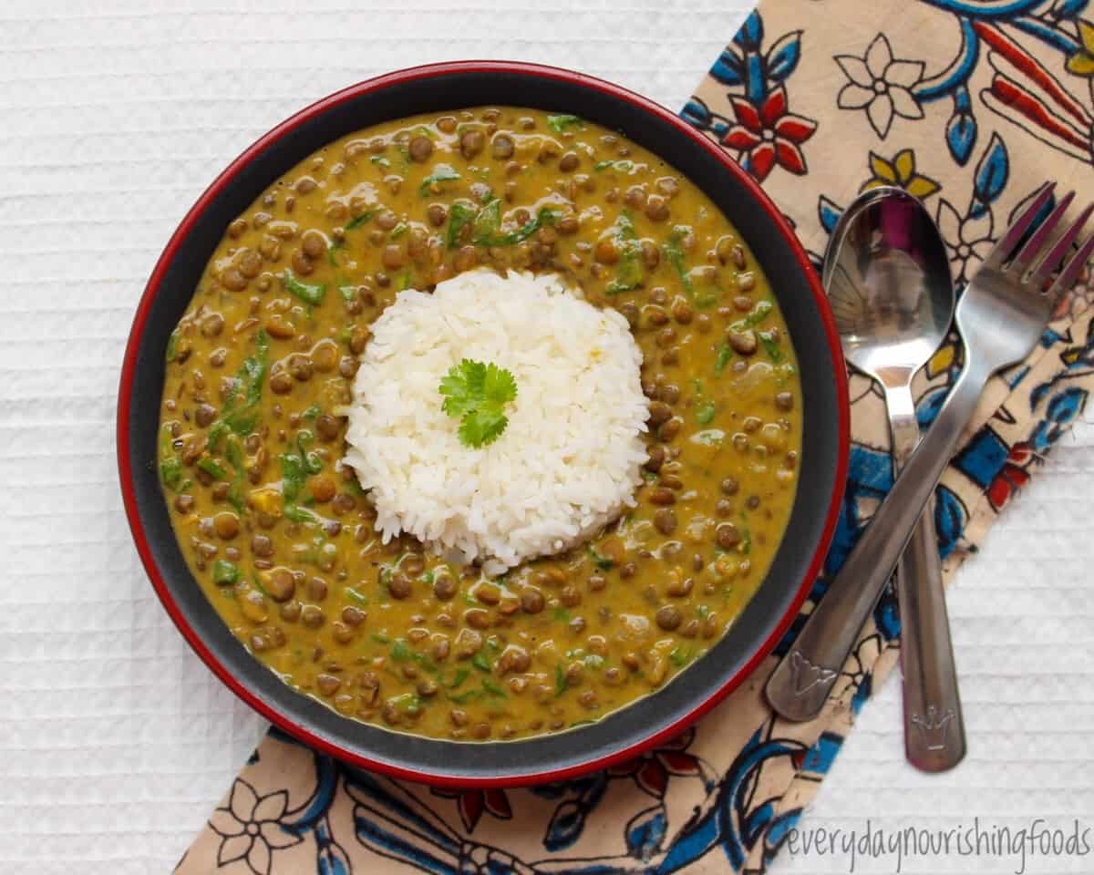 coconut lentil curry with rice in a bowl