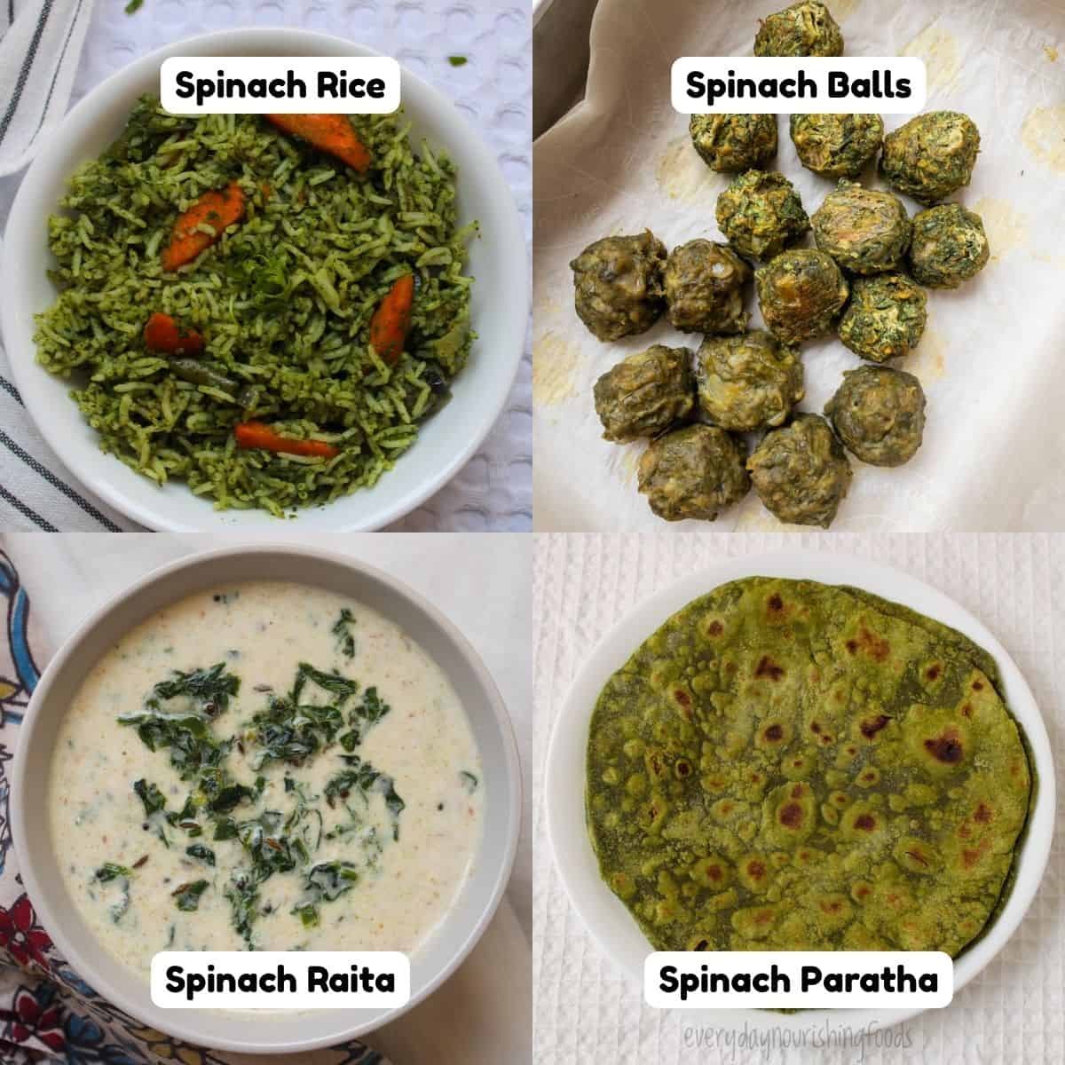 Creative ways to use leftover spinach saag, including spinach rice, spinach balls, spinach raita, and spinach paratha made from the same cooked saag base.