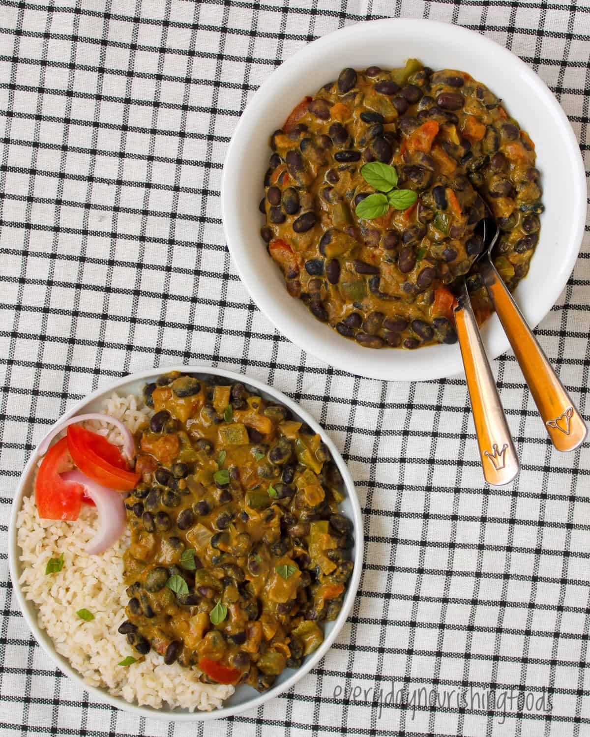 curried black beans with rice in a plate