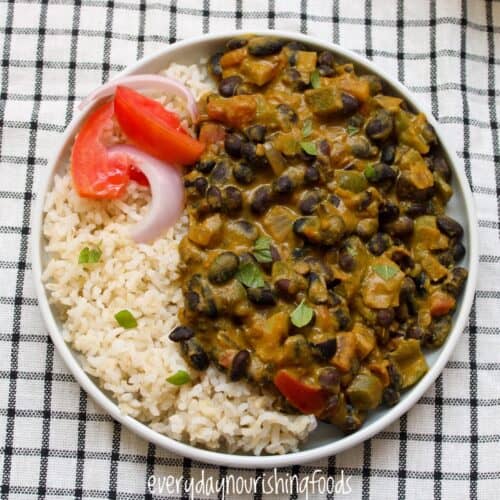 black bean curry with rice in a plate