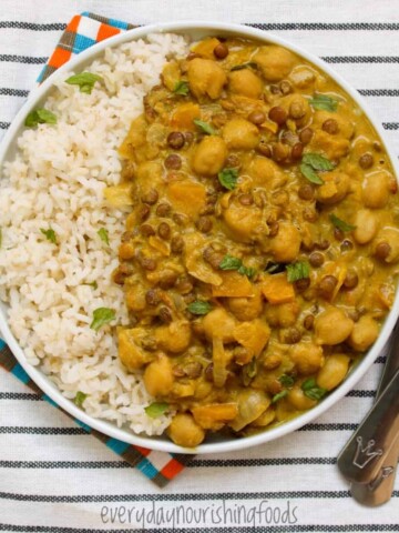 lentil chickpea curry served with rice