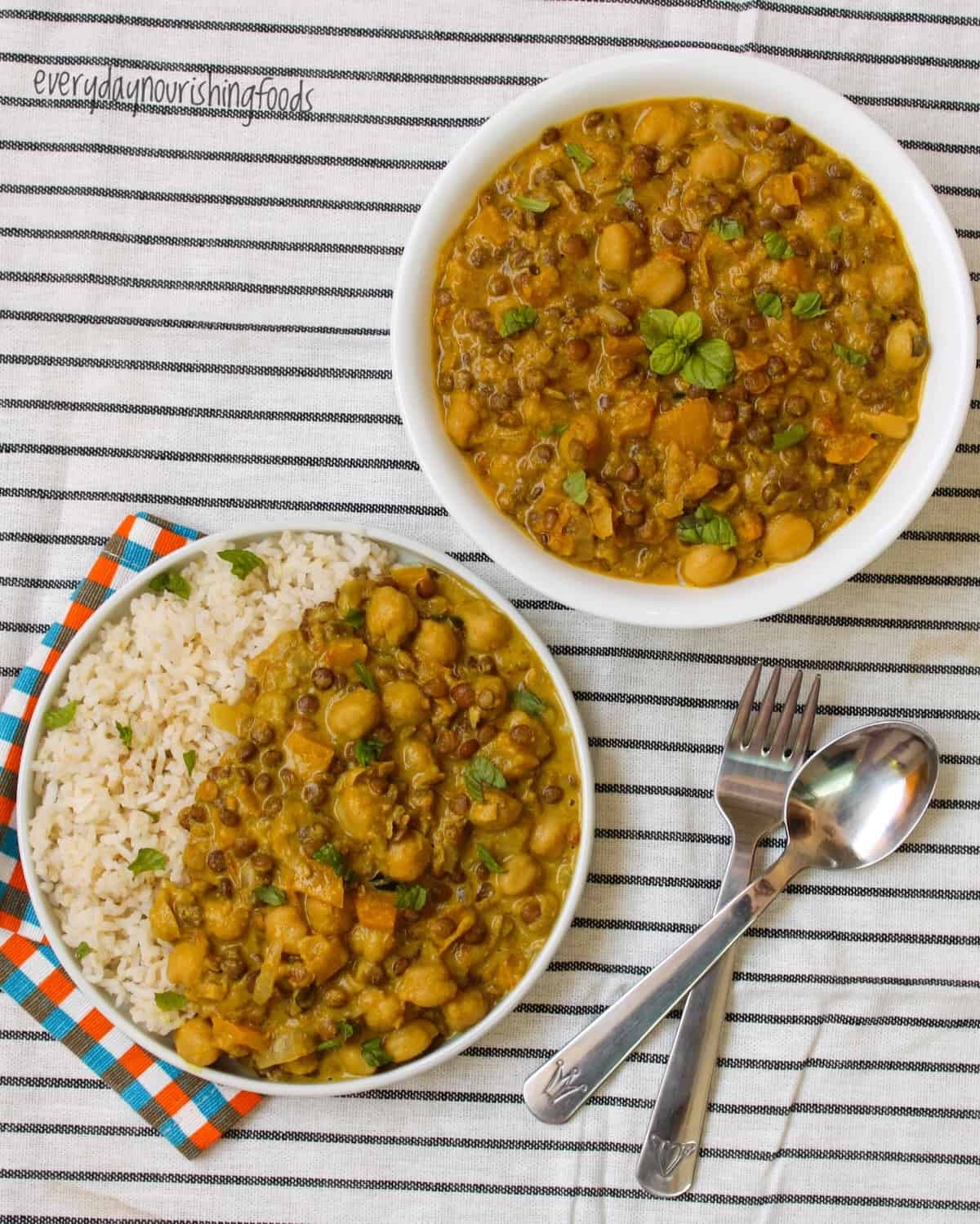 chickpea lentil curry served with rice