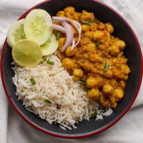 instant pot chickpea curry with rice in a bowl