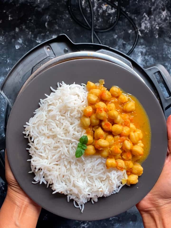 instant pot chana masala curry with rice in a bowl