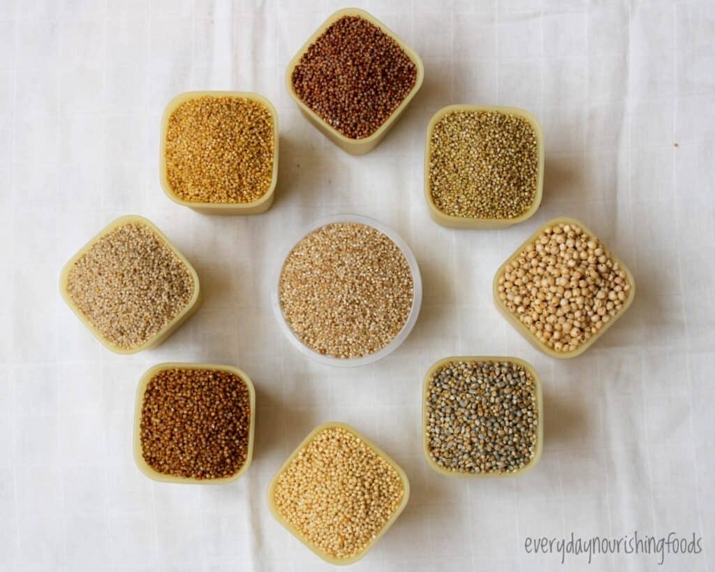 all millet types in small bowls