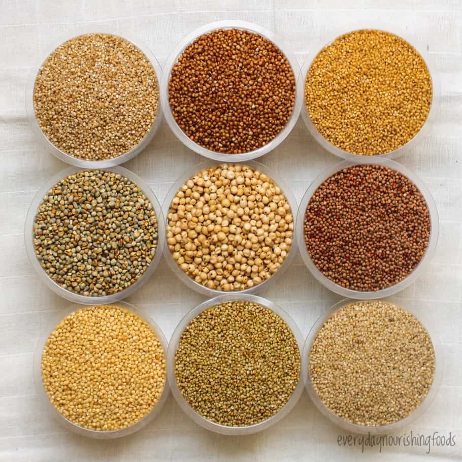 all millet types in small bowls
