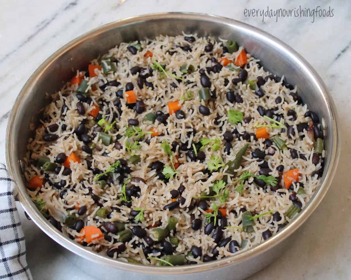 black beans and rice in a cooking pot