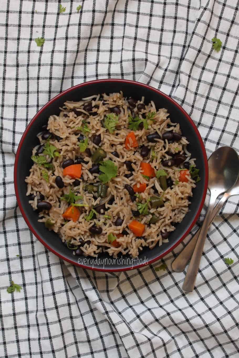 black beans rice pilaf in a plate