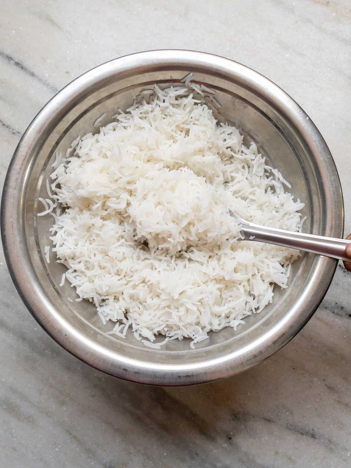 Fully cooked boiled basmati rice ready to be served.