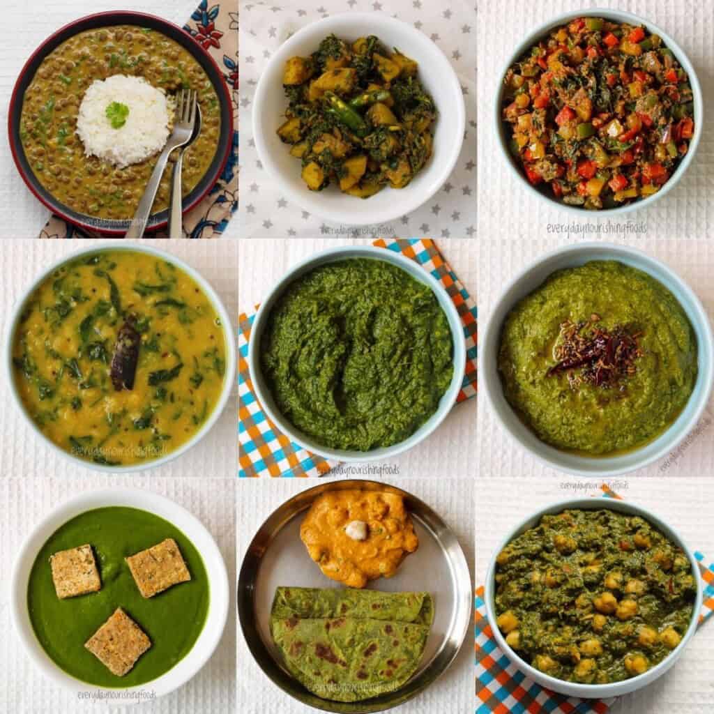 A collage of Indian spinach recipes, including dal, curry, and flatbreads.