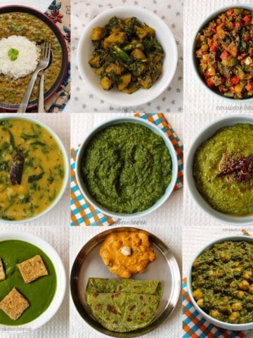 A collage of Indian spinach recipes, including dal, curry, and flatbreads.