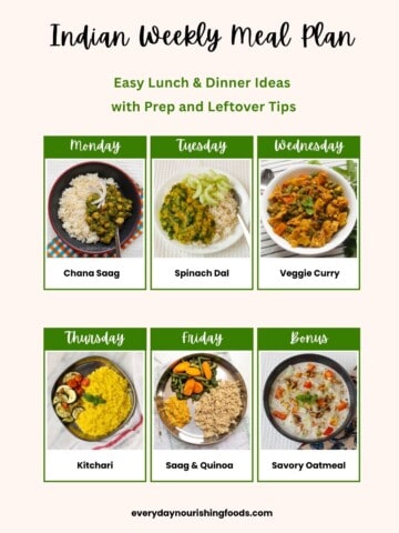 Weekly Indian meal plan image with labeled daily recipes including Chana Saag, Spinach Dal, Veggie Curry, Kitchari, Saag with Quinoa, and a bonus Savory Oatmeal, designed for easy lunch and dinner ideas with prep and leftover tips.
