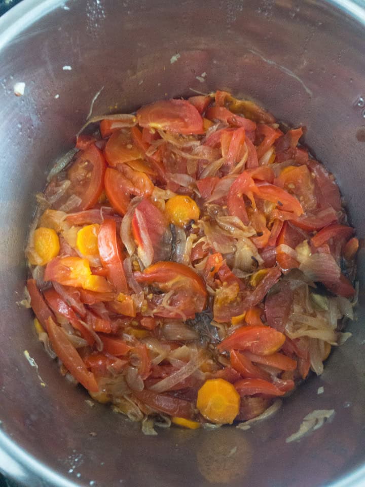 Onion‑tomato mixture fully cooked down and ready for blending.