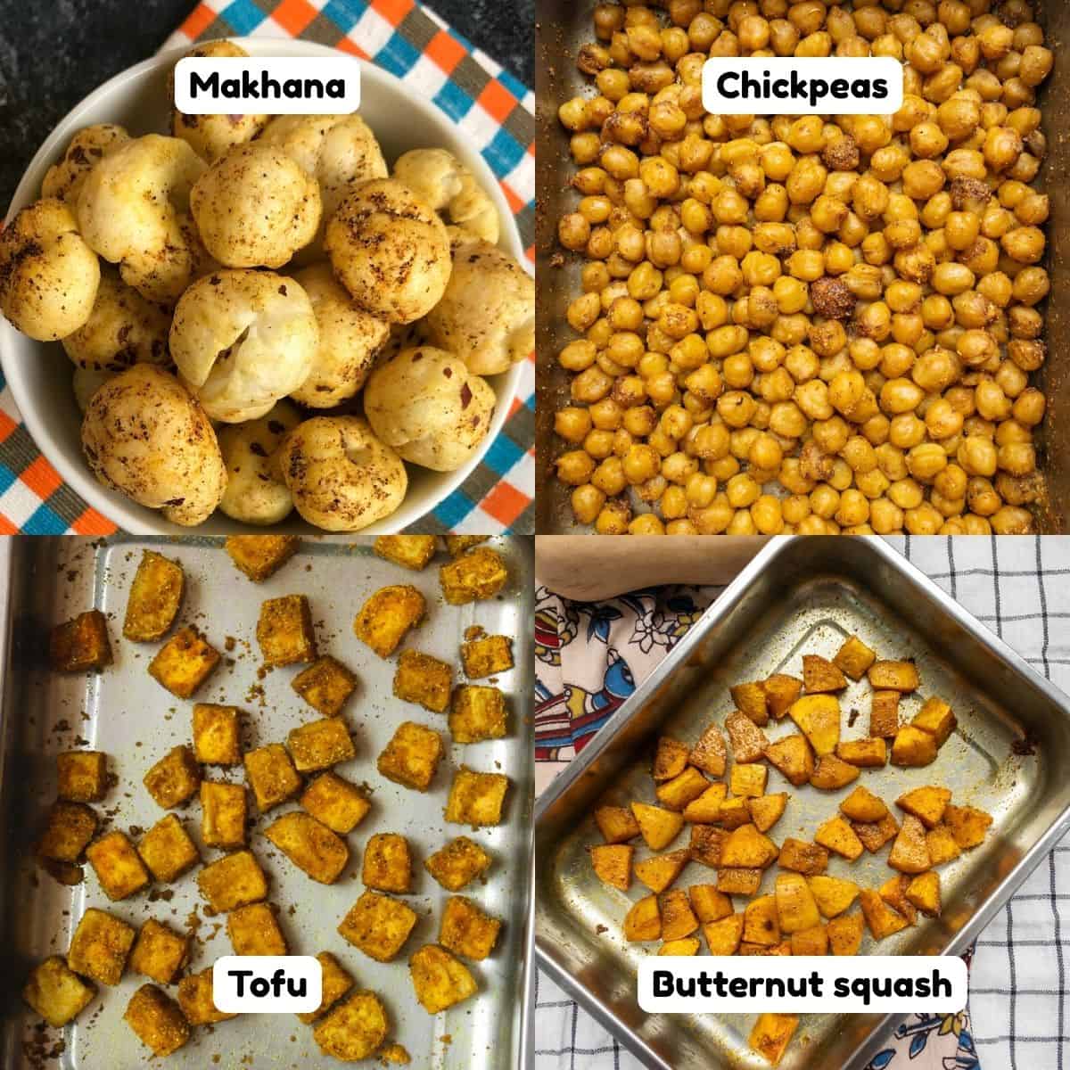 Collage showing makhana, chickpeas, tofu, and butternut squash roasted using the same Indian spice mix.
