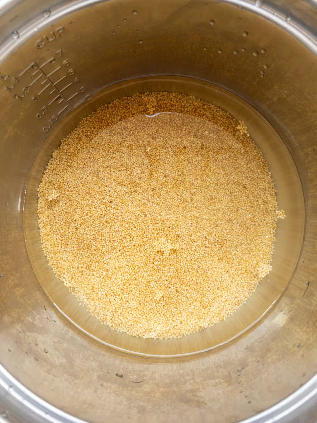 Millet soaked in water inside the rice cooker pot, just before starting the cooking process.