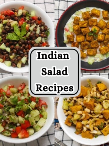 Collage of four Indian salad recipes including kala chana salad with cucumber and tomato, roasted tofu salad with yogurt dressing, tomato onion kachumber, and black-eyed peas with roasted pumpkin, with text overlay reading Indian Salad Recipes.