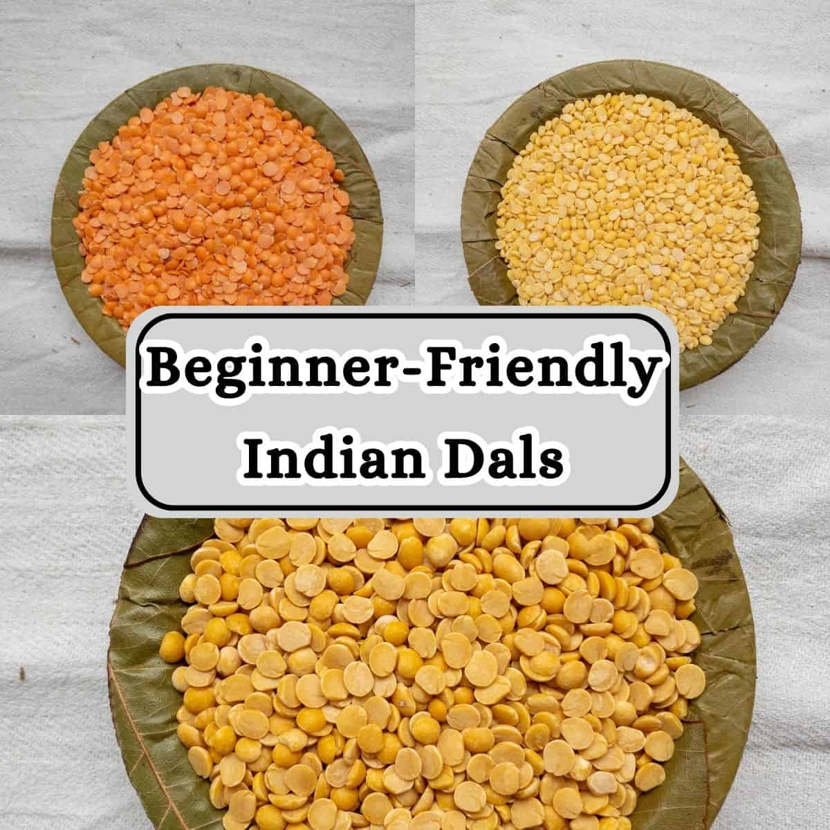 A collage showing red, yellow, and pigeon pea lentils in leaf bowls — a visual guide to beginner-friendly Indian dals.