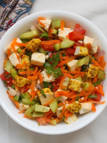 Close-up of roasted paneer salad with Indian spiced paneer cubes, cucumber, carrot, tomato, and fresh herbs.