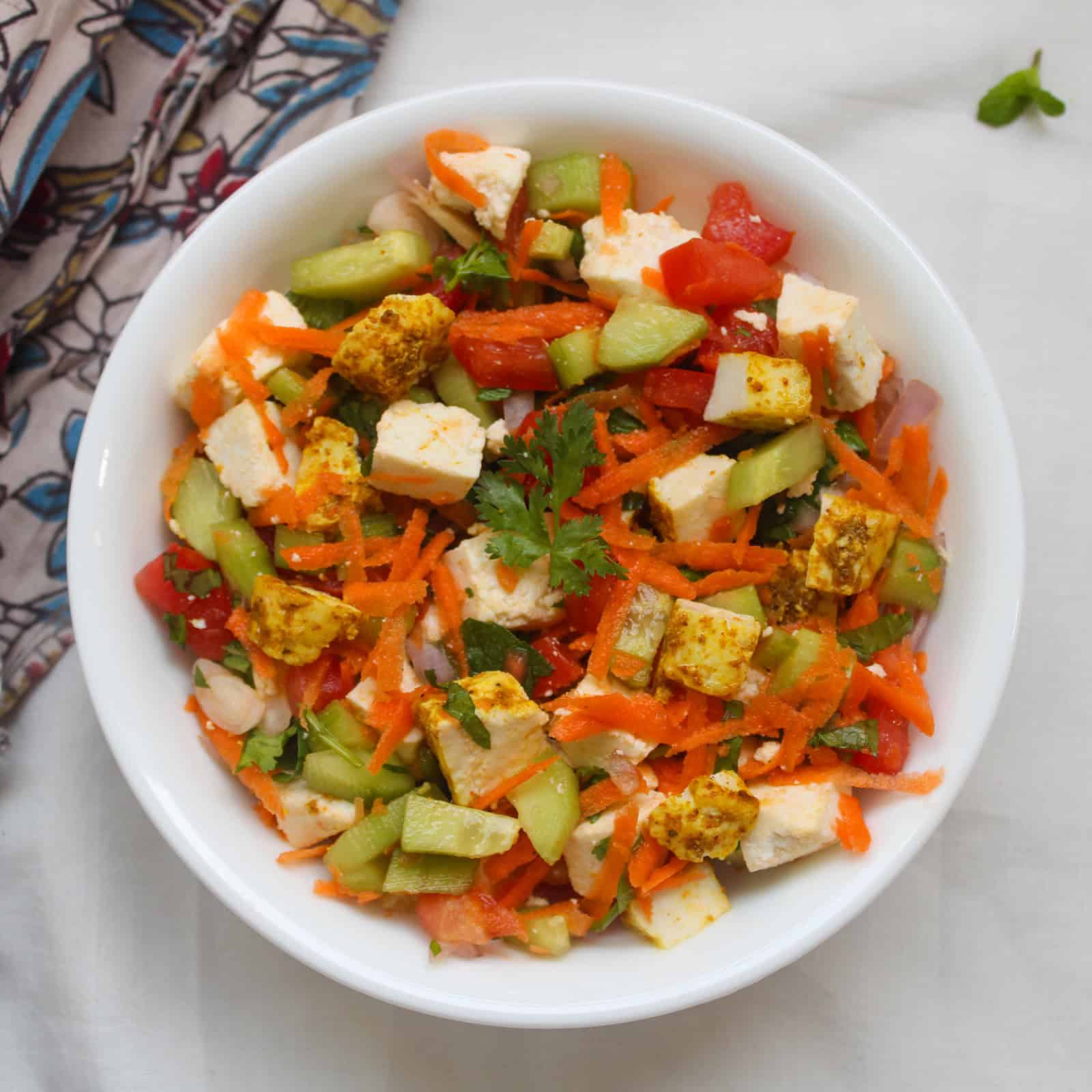 Close-up of roasted paneer salad with Indian spiced paneer cubes, cucumber, carrot, tomato, and fresh herbs.
