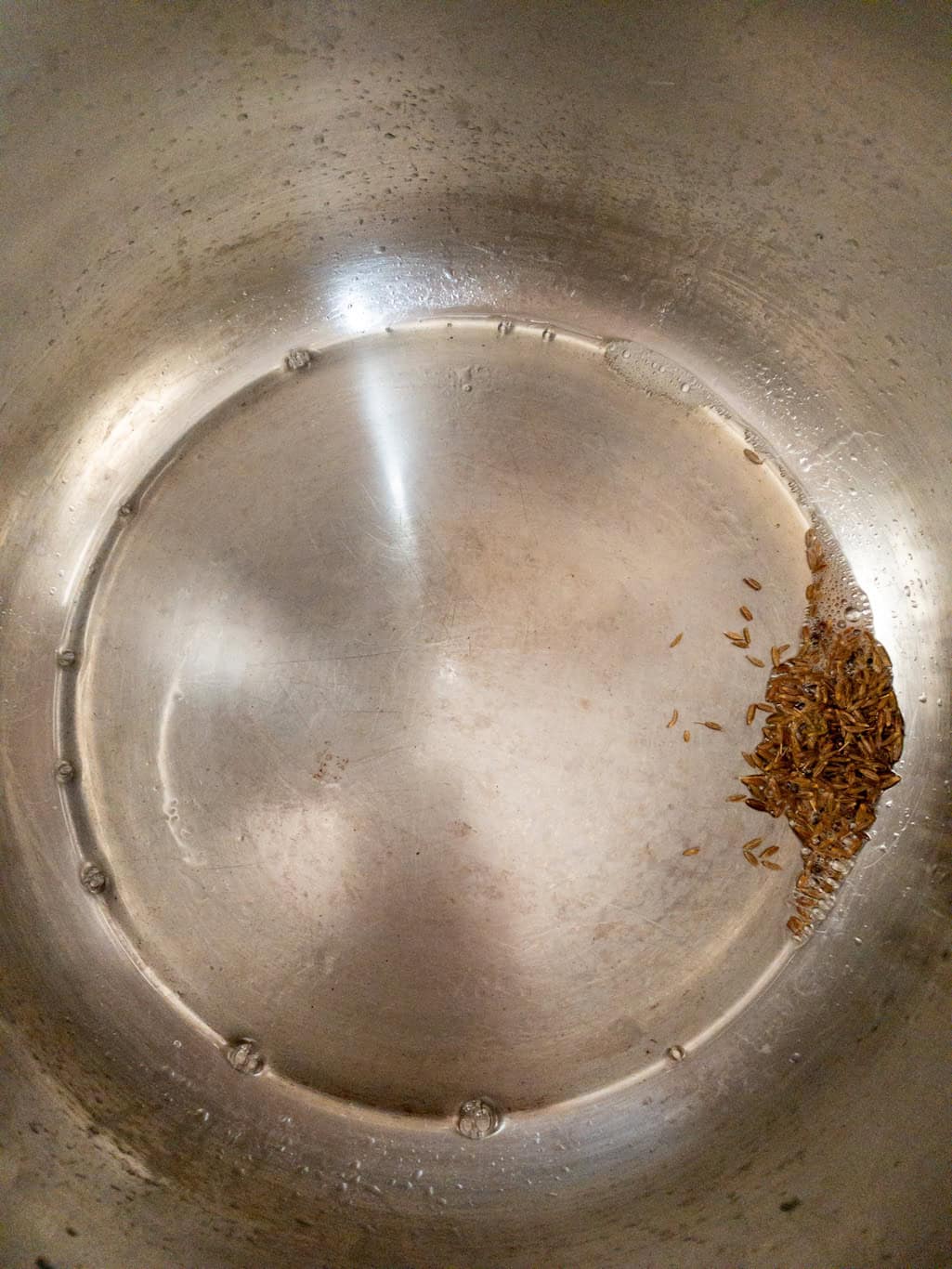 Cumin seeds sizzling in hot oil in a steel pan.