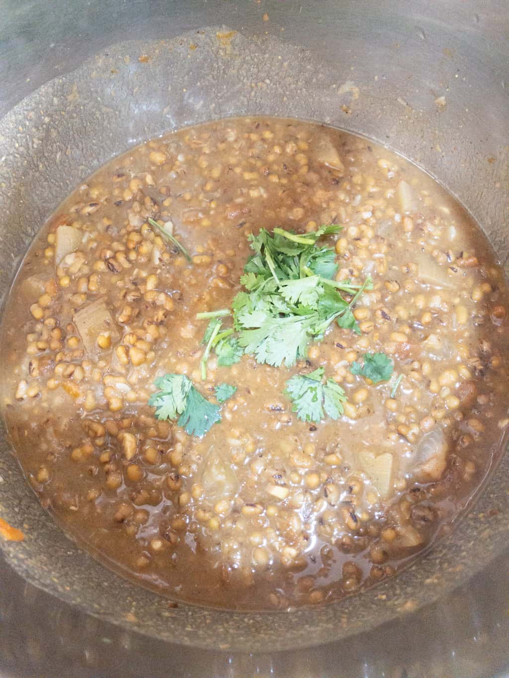 Finished whole moong dal with cilantro garnish in the Instant Pot, ready to serve.