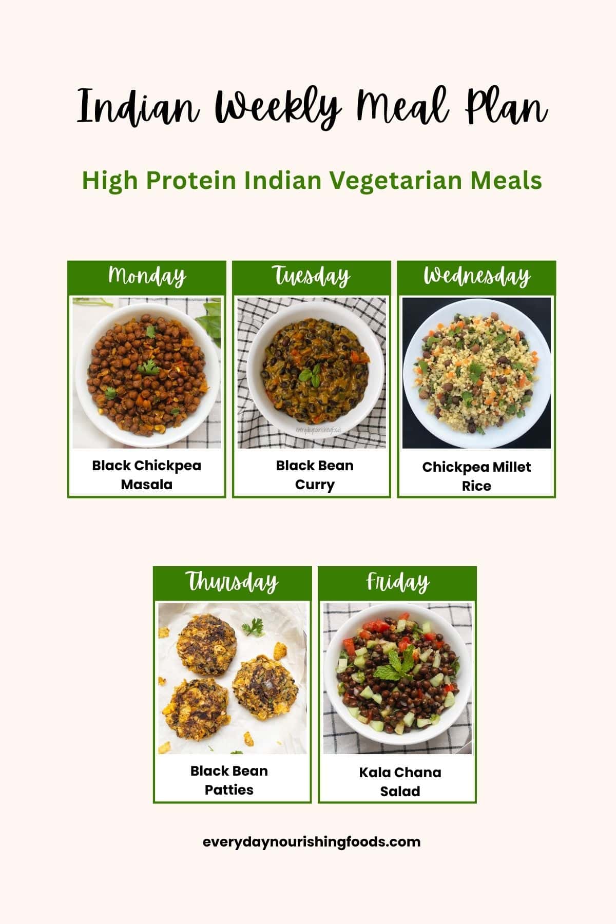 Indian weekly meal plan graphic showing five high-protein vegetarian meals: black chickpea masala, black bean curry, chickpea millet rice, black bean patties, and kala chana salad.