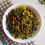 No onion no tomato kala chana curry with bell peppers and spinach.