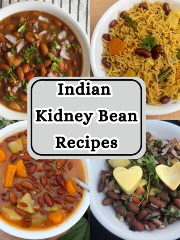 Collage of Indian kidney bean recipes with rajma curry, rajma pulao, kidney bean vegetable curry, and kidney bean avocado salad.