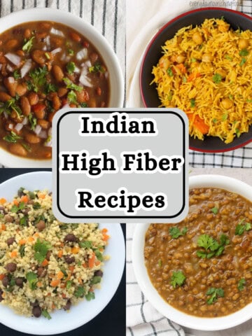 Collage of four high fiber Indian vegetarian dishes with kidney beans, chickpea rice, millet and black chickpeas, and whole moong dal.