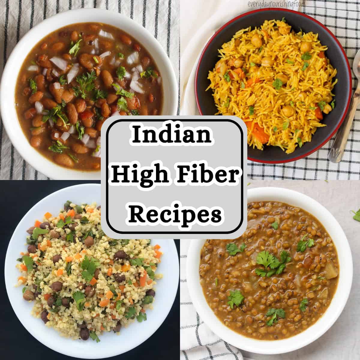 Collage of four high fiber Indian vegetarian dishes with kidney beans, chickpea rice, millet and black chickpeas, and whole moong dal.