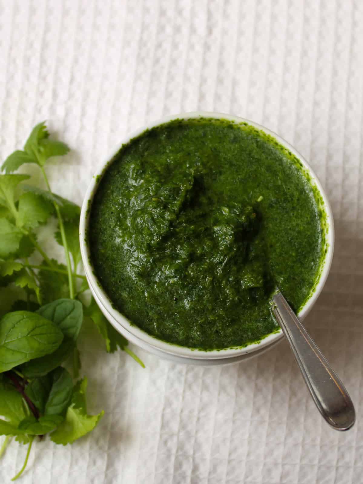 Cilantro mint chutney in a white bowl with a spoon and fresh herbs alongside.