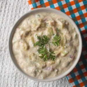 Finished creamy avocado raita in a white bowl with fresh coriander arranged in the center.