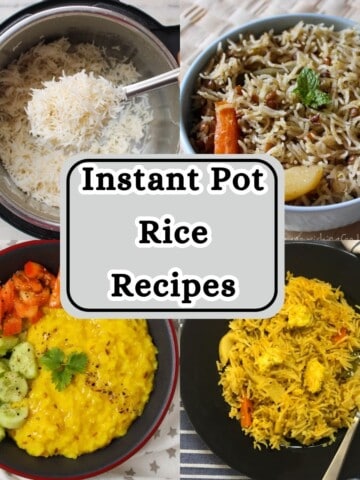 Collage of basmati rice, lentil pulao, khichdi, and vegetable paneer pulao with the text โInstant Pot Rice Recipes.โ