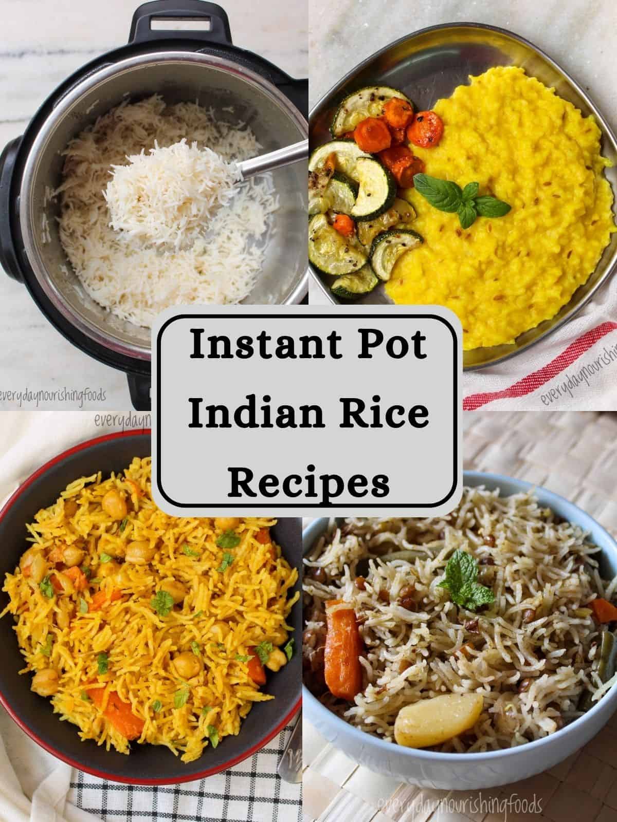 Collage of basmati rice, khichdi with vegetables, chickpea pulao, and lentil pulao with the text 