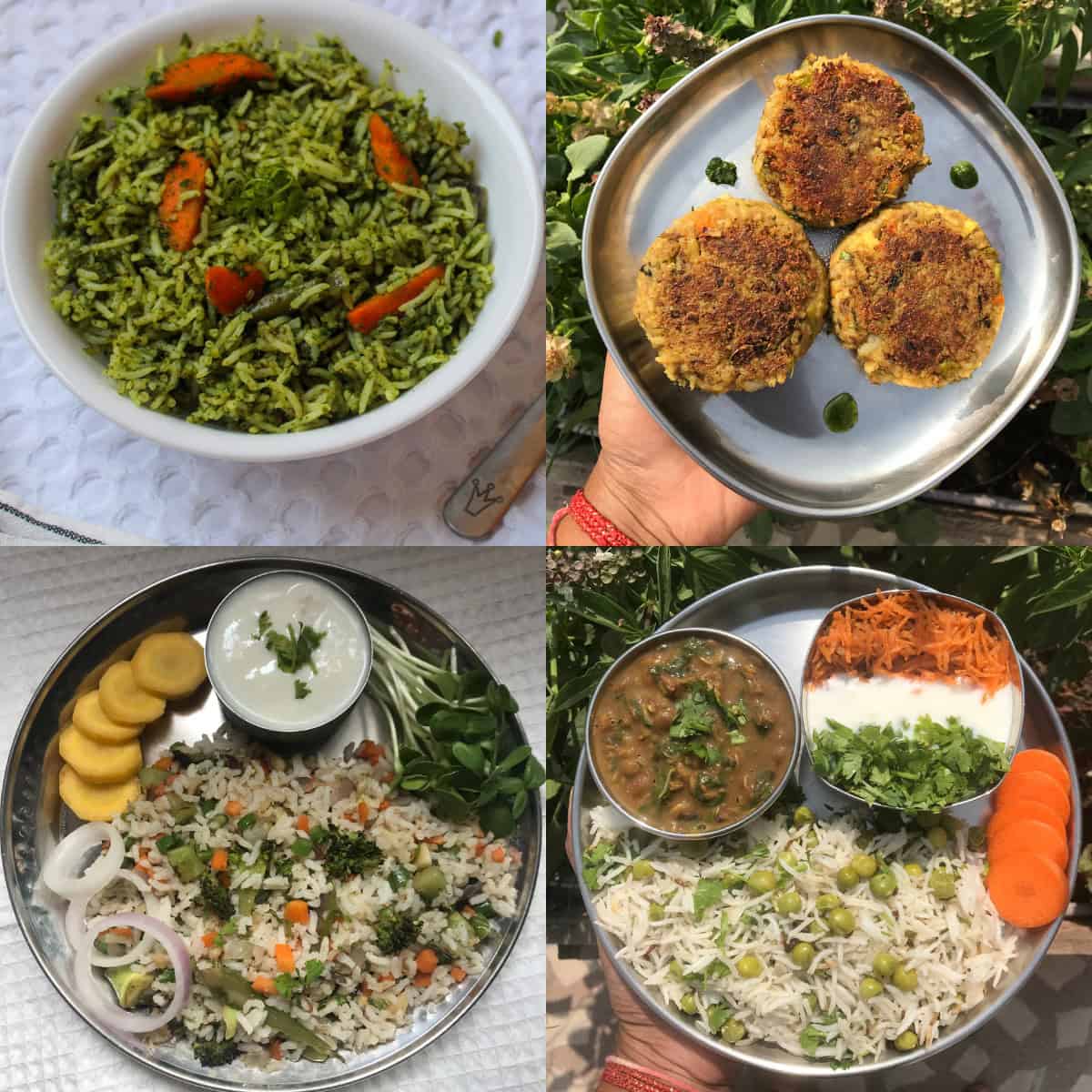 Collage of leftover rice recipes featuring spinach rice, pan-fried patties, vegetable fried rice, and peas rice served with curry and yogurt.
