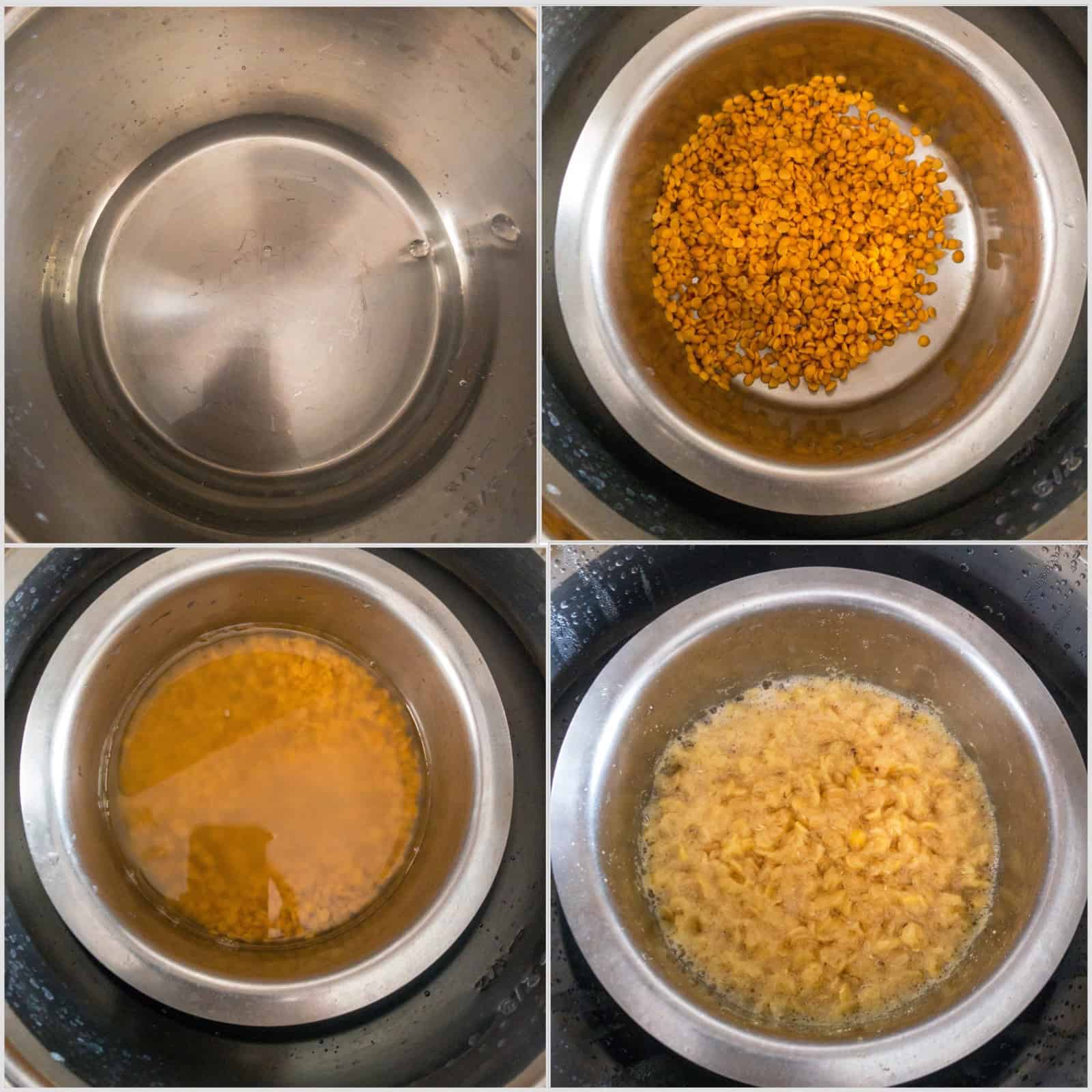 Four-step collage showing water in a pot, rinsed toor dal, dal covered with water, and fully cooked soft dal.